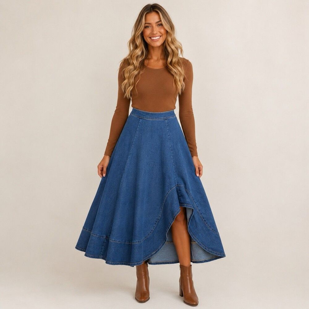 Flying Tomato Denim Midi Skirt S Asymmetrical High Low Flowy Boho